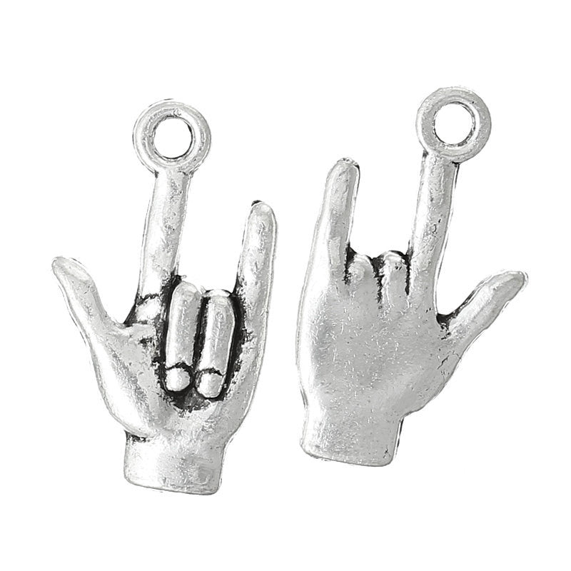 10 Antiqued Silver I LOVE You Hand Sign for Sign Language, Charm Pendants chs1057a