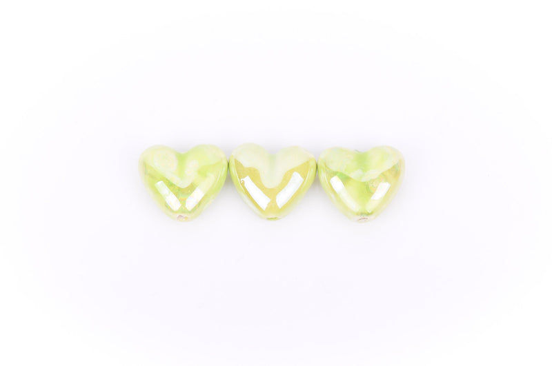 5 CHARTREUSE YELLOW GREEN Ceramic Porcelain Heart Shaped Beads  20x18mm bgl0310