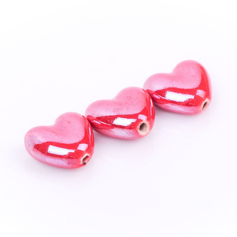 5 CRIMSON RED Ceramic Porcelain Heart Shaped Beads  20x18mm bgl0302