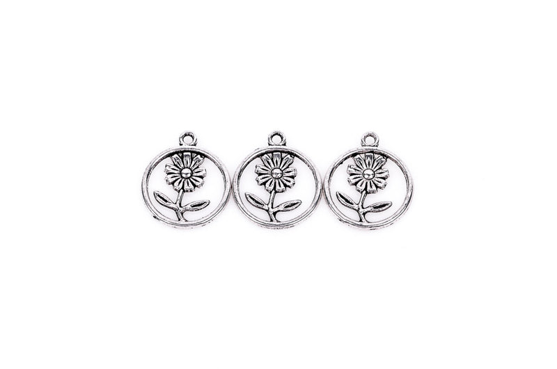 10 Small Antique SILVER Metal FLOWER Circle Charms . 21mm x 18mm chs1083