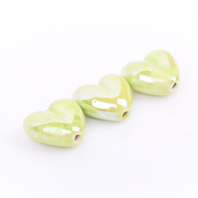 5 CHARTREUSE YELLOW GREEN Ceramic Porcelain Heart Shaped Beads  20x18mm bgl0310