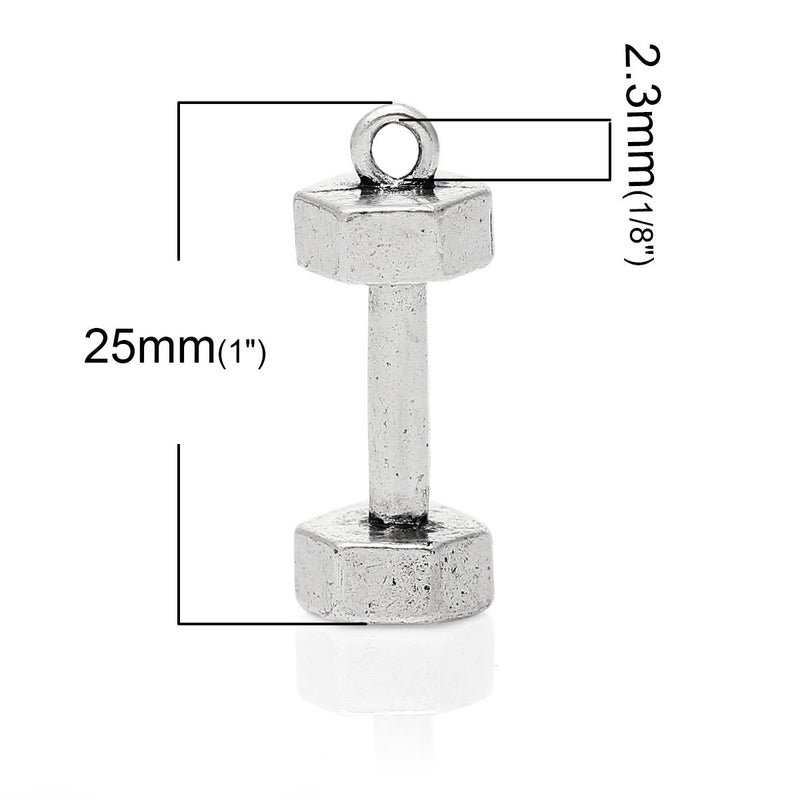 3 Silver Tone BARBELL Weightlifting Charms Pendants, 25mm long, chs1165