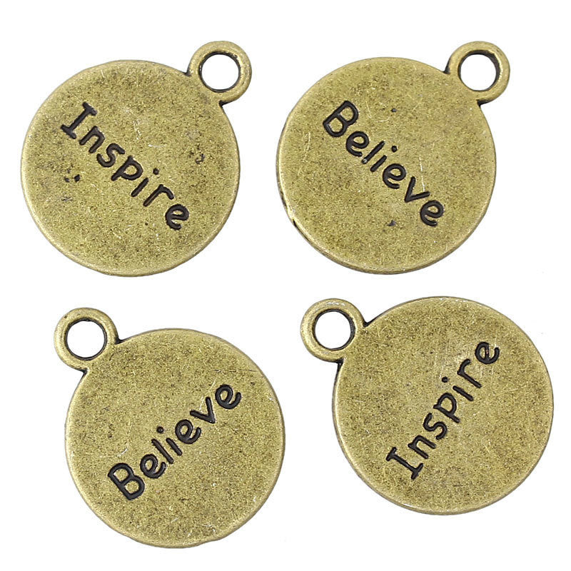 8 Bronze Tone BELIEVE and INSPIRE Reversible Charm Pendants  chb0262