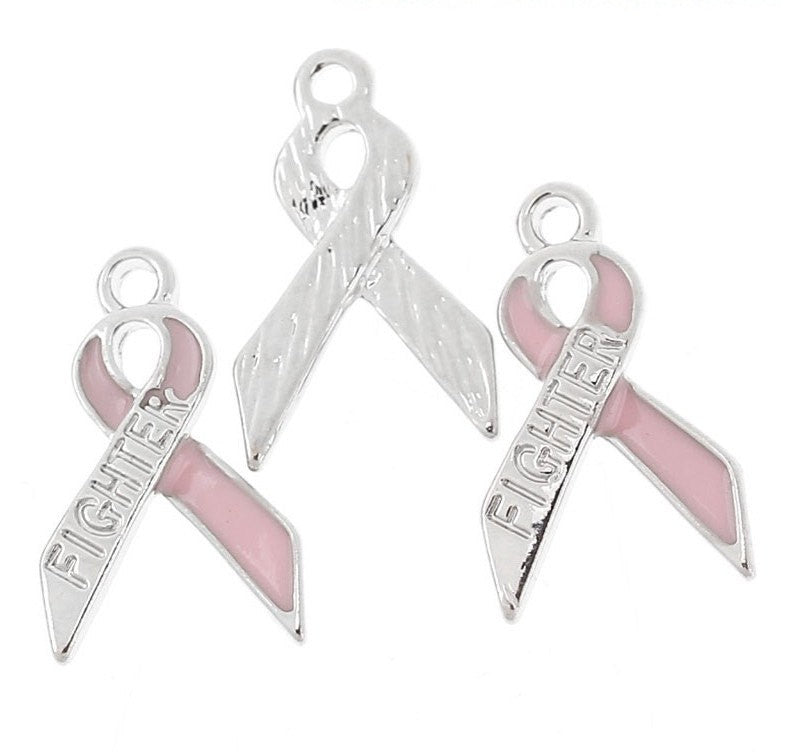 4 Pink BREAST CANCER Awareness Fighter Ribbon Charms or Pendants, silver, 19mm x 11mm  che0239