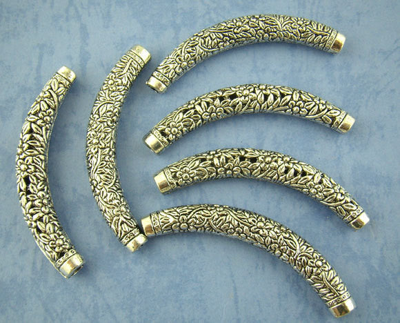 2 pcs. Antiqued Silver Tone Metal Filigree Tube Beads, garden flower design, about 2-5/8" long bme0183