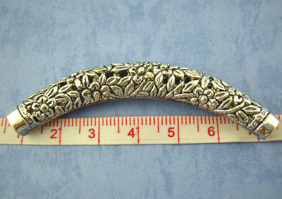 2 pcs. Antiqued Silver Tone Metal Filigree Tube Beads, garden flower design, about 2-5/8" long bme0183