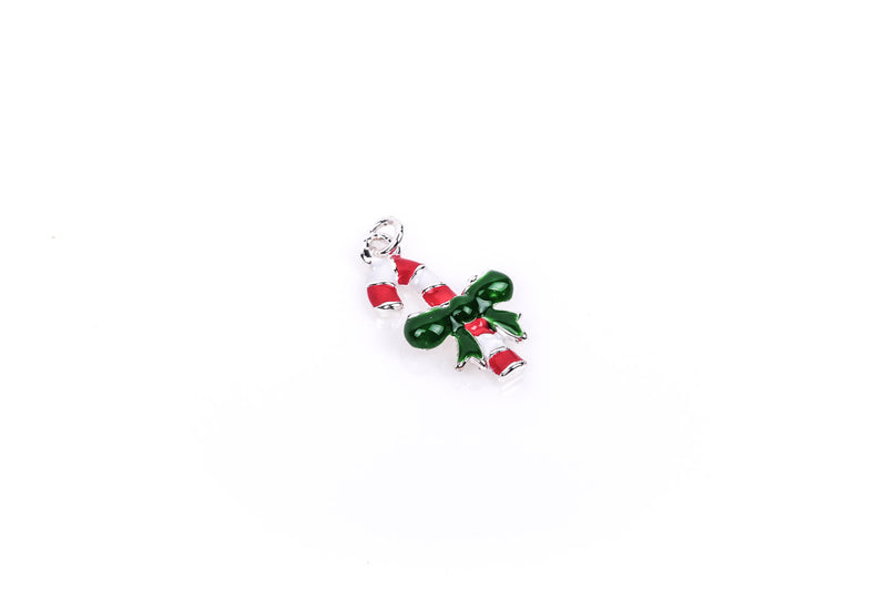 CANDY CANE with Bow Silver Plated Enamel Charm Pendant for Christmas  che0233