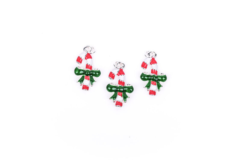 CANDY CANE with Bow Silver Plated Enamel Charm Pendant for Christmas  che0233