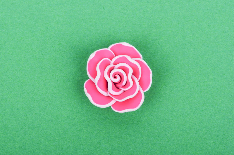 2 Medium HOT PINK Polymer Clay Rose Flower Beads pol0033