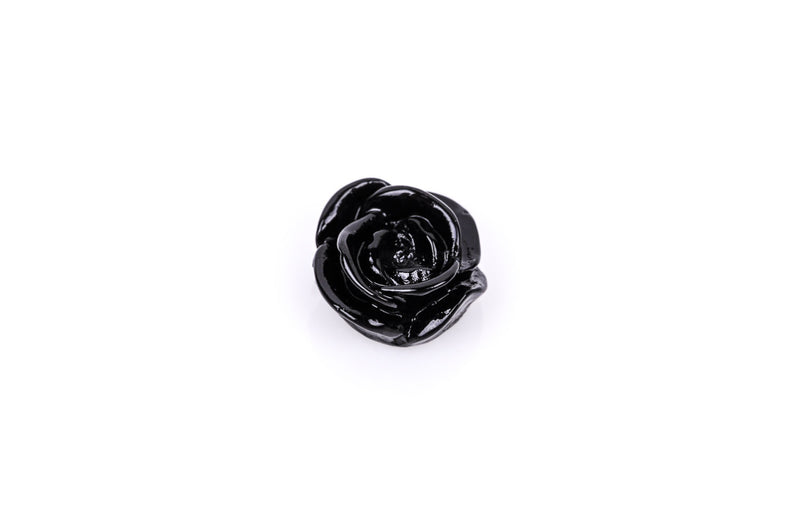 10 Rose Flower Cabochons, flatback, Shiny JET BLACK, 13mm  cab0111