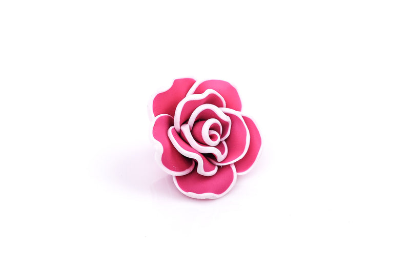 2 Medium HOT PINK Polymer Clay Rose Flower Beads pol0033