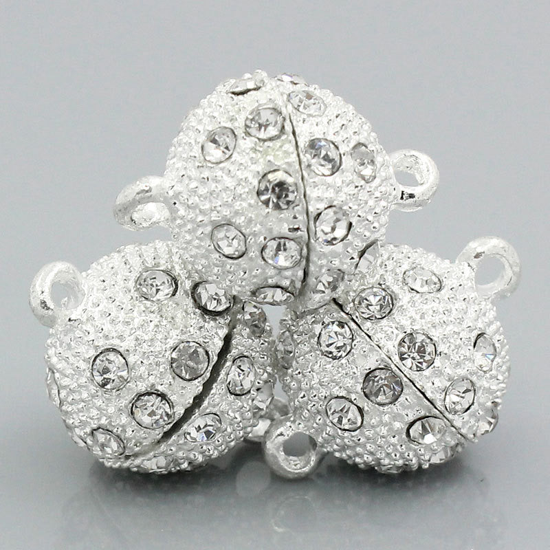 1 Strong Magnetic Bright Silver Ball Clasp with Pave' RHINESTONES, 16mm ball, fcl0096