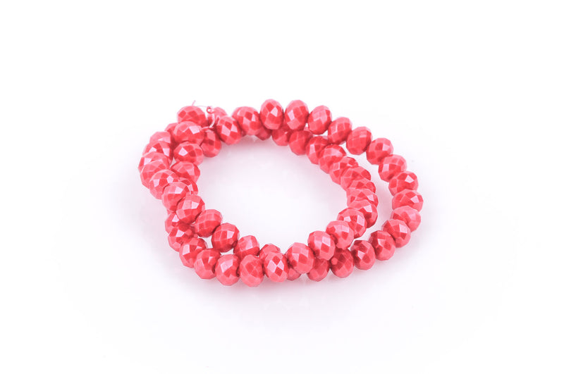 10x7mm Metallic Pearl RED Opaque Crystal Glass Faceted Rondelle Beads . 1 Strand, bgl0348