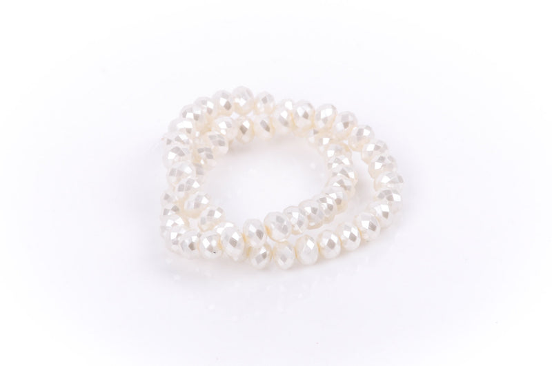 10x7mm Metallic Pearl WHITE Opaque Crystal Glass Faceted Rondelle Beads . 1 Strand, bgl0350