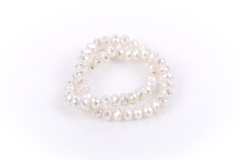 10x7mm Metallic Pearl WHITE Opaque Crystal Glass Faceted Rondelle Beads . 1 Strand, bgl0350