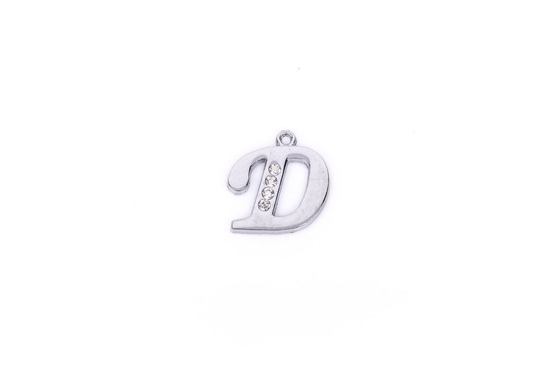 Letter D platinum color silver charm pendant, rhinestone crystals embedded in the metal, alphabet  chs1261