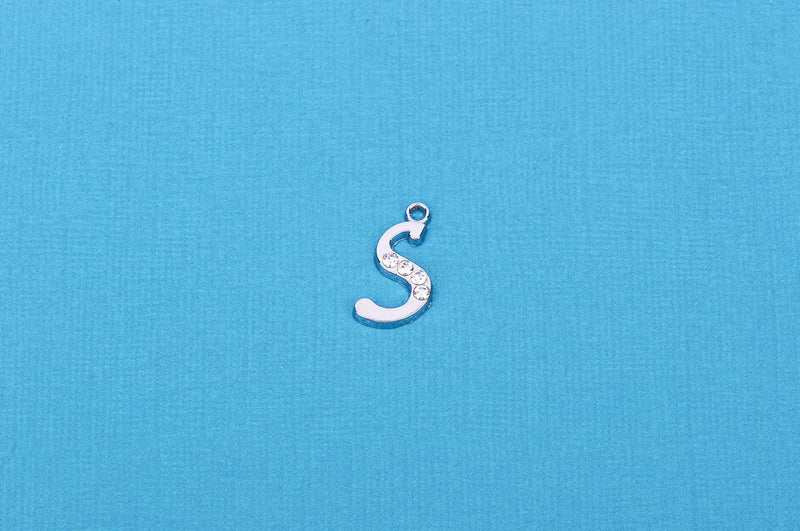 Letter S platinum color silver charm pendant, rhinestone crystals embedded in the metal, alphabet  chs1275