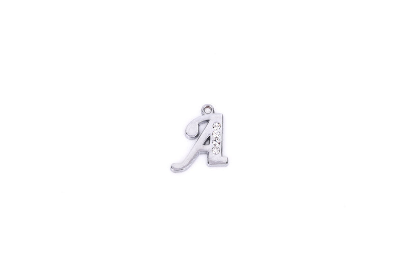 Letter A platinum color silver charm pendant, rhinestone crystals embedded in the metal, alphabet  chs1258