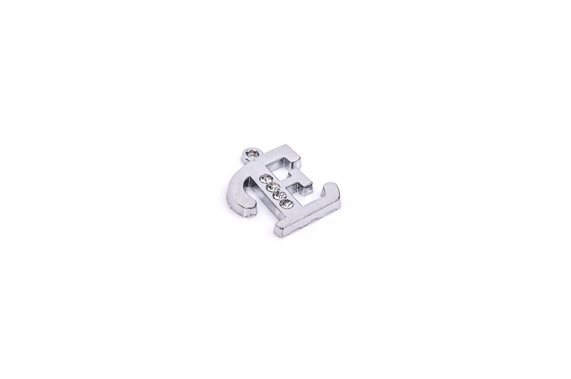 Letter E platinum color silver charm pendant, rhinestone crystals embedded in the metal, alphabet  chs1262