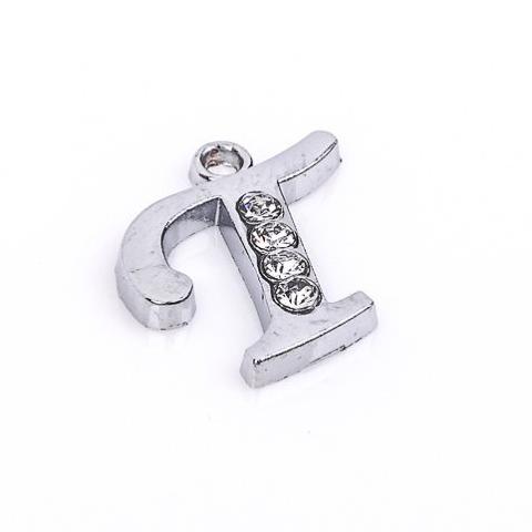Letter T platinum color silver charm pendant, rhinestone crystals embedded in the metal, alphabet  chs1276