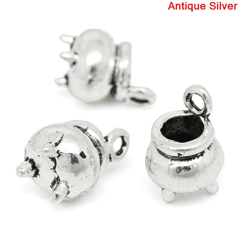 6 Small Antique Silver WITCH CAULDRON Charm Pendants  chs1288