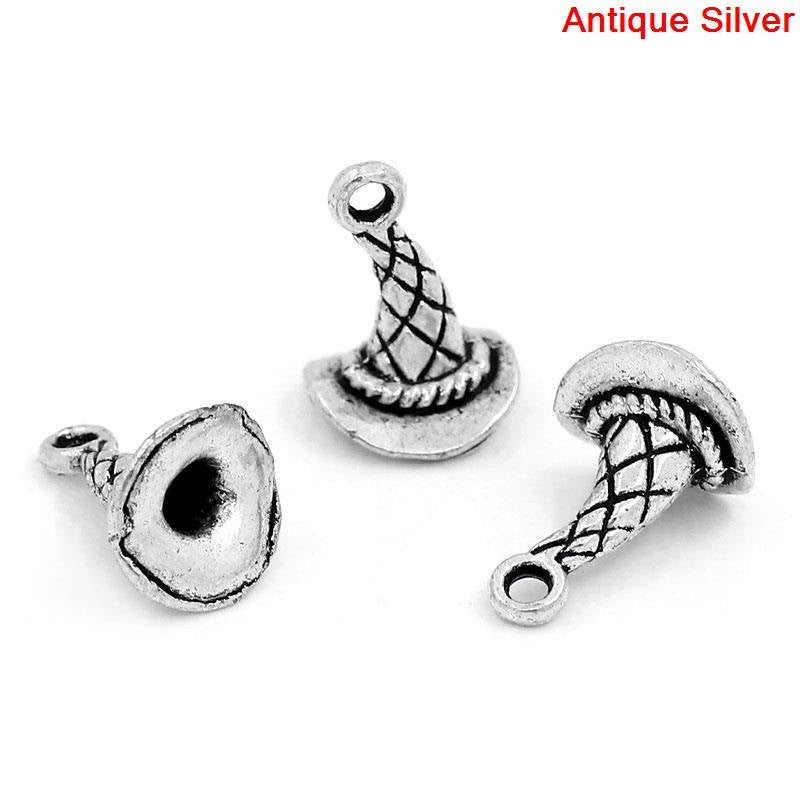 6 Antique Silver 3D WITCH Hat Charm Pendants  chs1289
