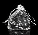 50 Organza Bags, Silver WEDDING HEARTS Pattern, 16cm x 13cm, 6" x 5"  bag0002