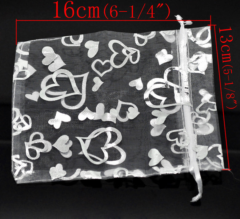 50 Organza Bags, Silver WEDDING HEARTS Pattern, 16cm x 13cm, 6" x 5"  bag0002