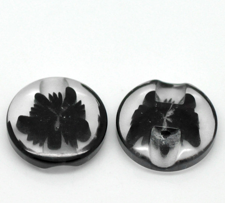 12 Round Transparent Millifiori Style Black and Clear Flower Buttons . 14mm  ( 1/2" ) but0036