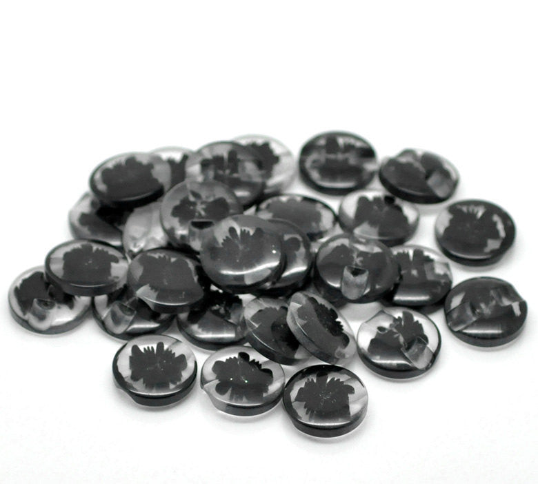 12 Round Transparent Millifiori Style Black and Clear Flower Buttons . 14mm  ( 1/2" ) but0036
