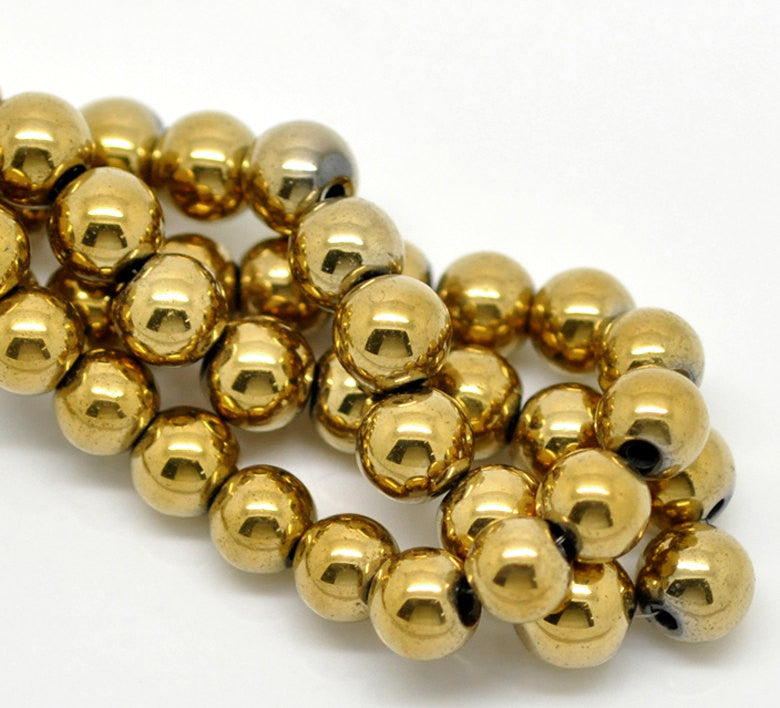 8mm Round Titanium Coated GOLD HEMATITE Gemstone Beads, full strand,  ghe0011