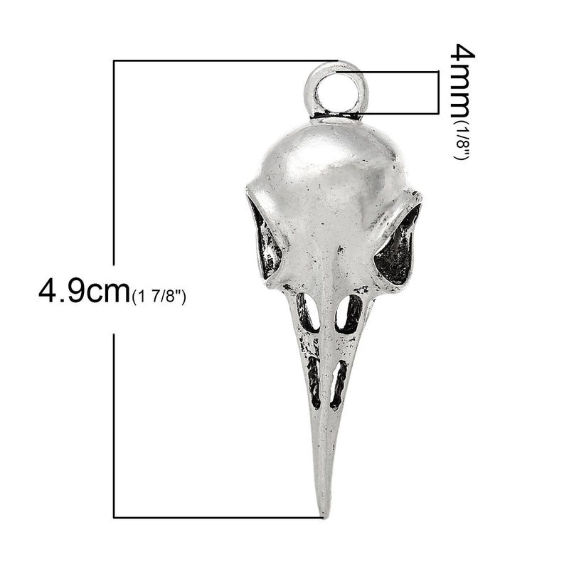 2 Large Silver Tone Metal BIRD SKULL Charms or Pendants for Halloween 4.9cm x1.9cm  chs1297