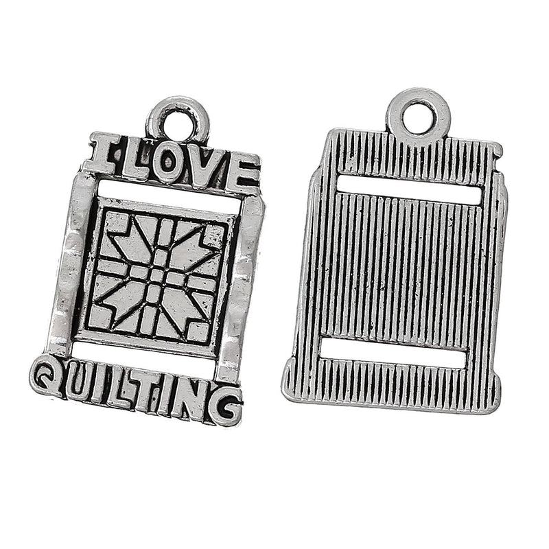 10 Silver Tone Metal I LOVE Quilting Charms or Pendants chs1298