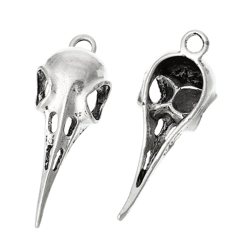 2 Large Silver Tone Metal BIRD SKULL Charms or Pendants for Halloween 4.9cm x1.9cm  chs1297