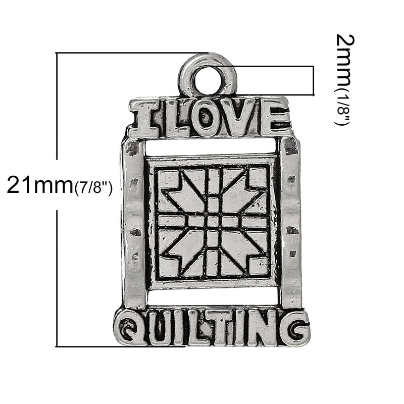 10 Silver Tone Metal I LOVE Quilting Charms or Pendants chs1298