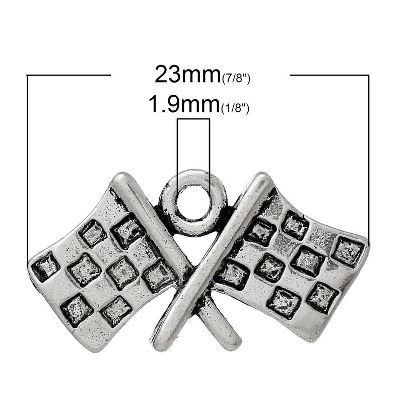 5 Antique Silver Crossed Checkered RACING FLAGS Charm Pendants  chs1343