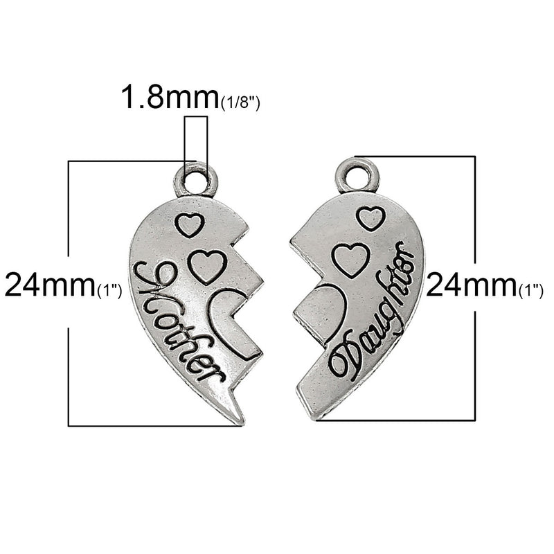 5 Sets Antique Silver Carved MOTHER and DAUGHTER Heart Charm Pendants  chs1344