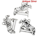 4 Antique Silver Leaping HORSE and JOCKEY Charm Pendants  chs1350