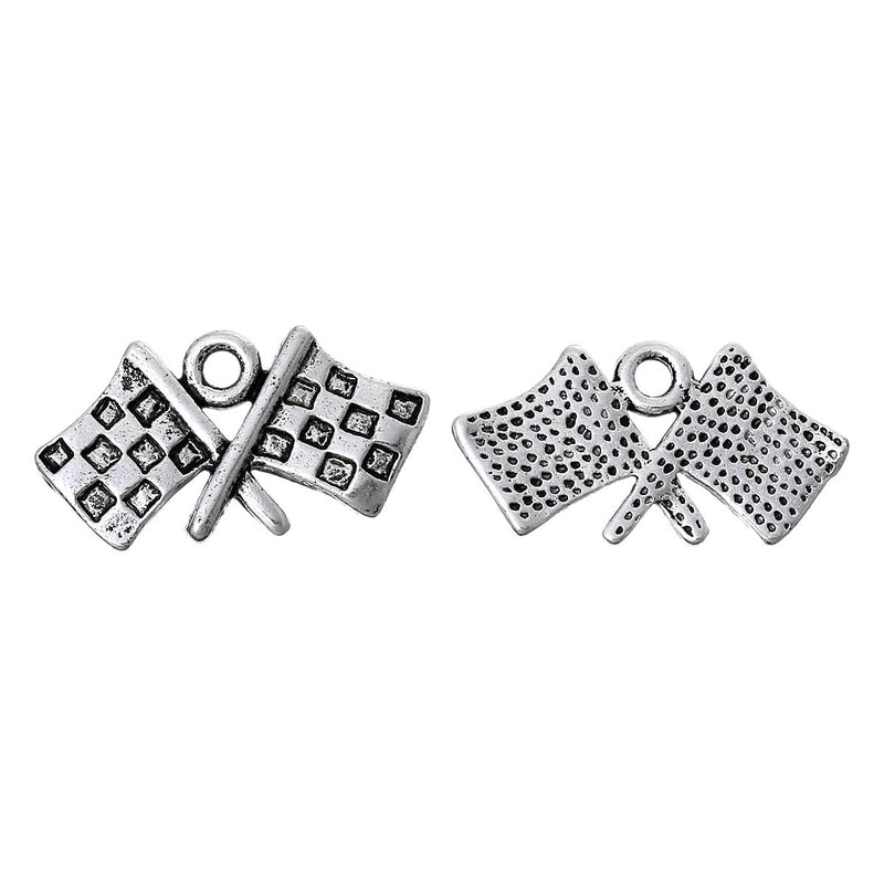 5 Antique Silver Crossed Checkered RACING FLAGS Charm Pendants  chs1343