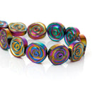 6 Titanium Coated HEMATITE Gemstone ROSE Flower Beads . genuine carved stone 12mm, ghe0023