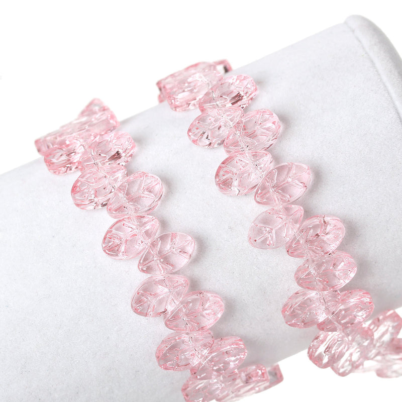 20 LIGHT PINK Carved LEAF Glass Beads, top drilled, 11x7mm  bgl0707