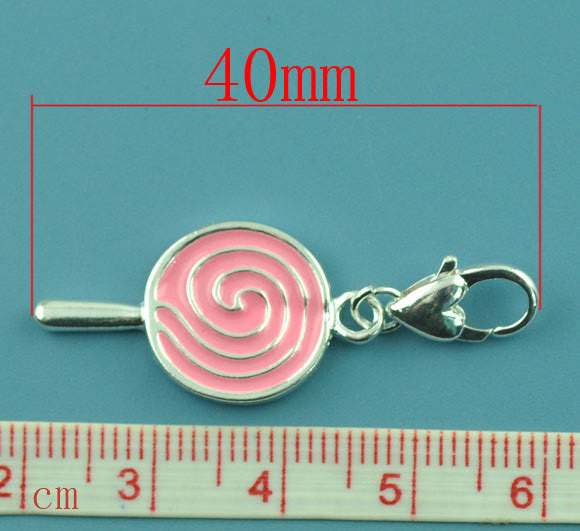 1 Silver and PINK Enamel Swirl Lollipop Clip-On Charm  che0354