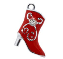 4 RED High-Heeled Boots Charm Pendants with rhinestones, Red enamel, silver metal, 21x15mm  che0358