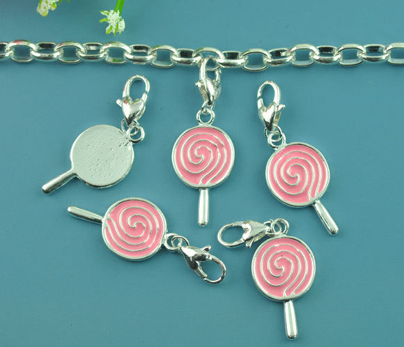 1 Silver and PINK Enamel Swirl Lollipop Clip-On Charm  che0354