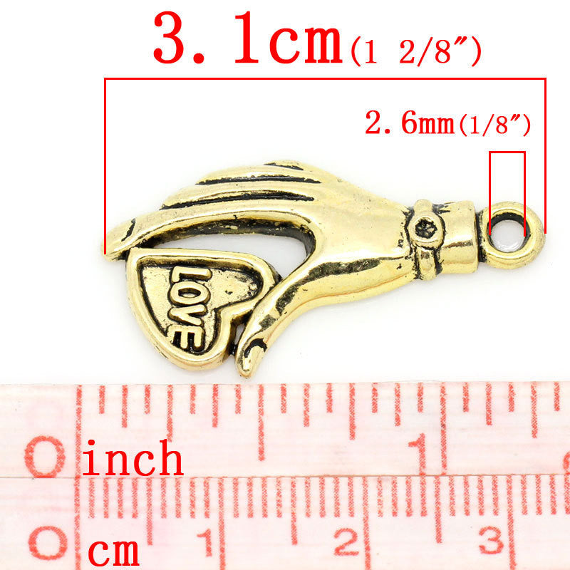 5 Gold Tone Hand Holding "LOVE" Heart Charm Pendants (Can hold rhinestone) chg0128