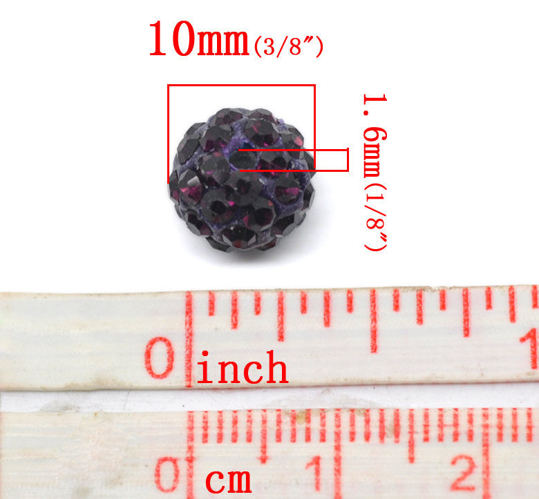 10 Bulk Package DARK PURPLE Polymer Clay and Pave' Round Rhinestone Beads, 10mm  pol0102