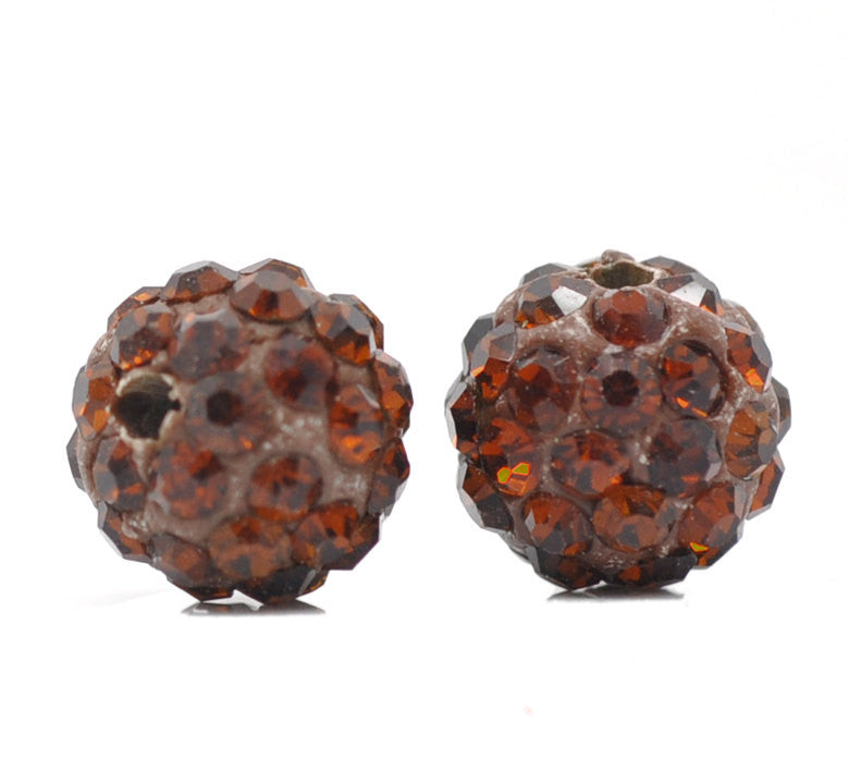 10 Bulk Package COFFEE BROWN Polymer Clay and Pave' Round Rhinestone Beads, 10mm  pol0103