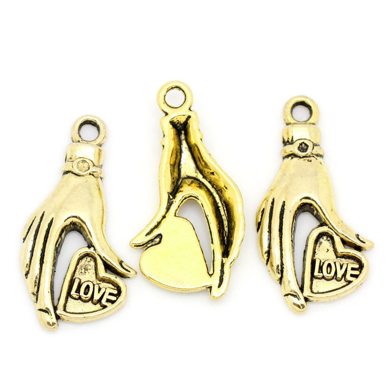 5 Gold Tone Hand Holding "LOVE" Heart Charm Pendants (Can hold rhinestone) chg0128