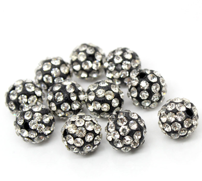 6 BLACK Polymer Clay and Clear Pave' Rhinestone Round Beads, 10mm  pol0106