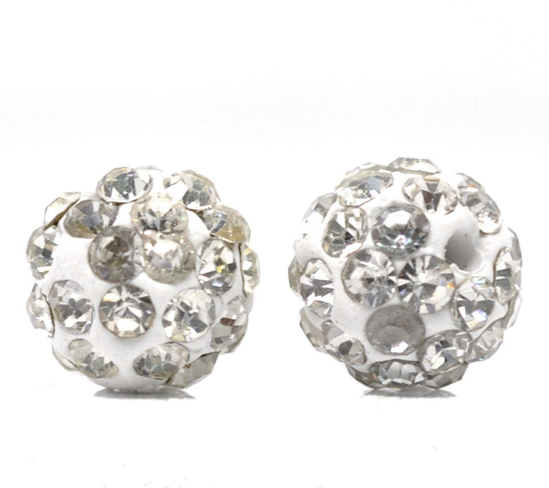 10 WHITE Polymer Clay and Clear Pave' Rhinestone Beads, round 8mm  pol0114